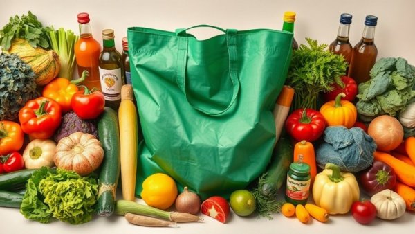 Colorful fresh groceries around a green bag, high-quality photo.
