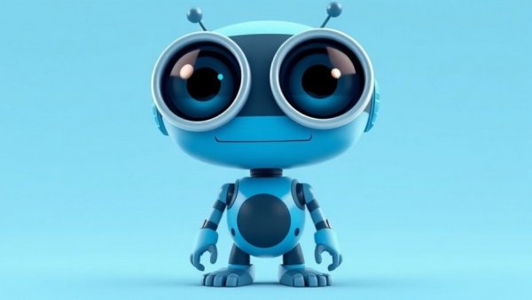Cute blue robot character with big eyes, 3D cartoon