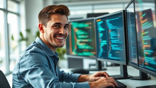 Happy programmer coding with AI assistance in modern office.