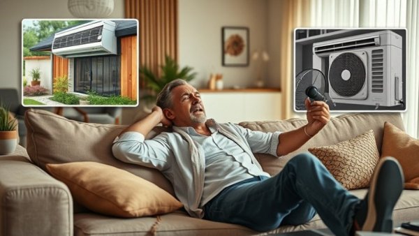 Man struggling to cool down with fan and HVAC unit inset, highlighting cheapest HVAC bid risks.