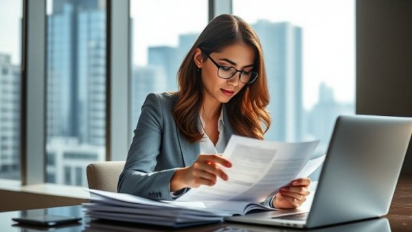 Professional woman analyzing documents in office, forensic accounting.