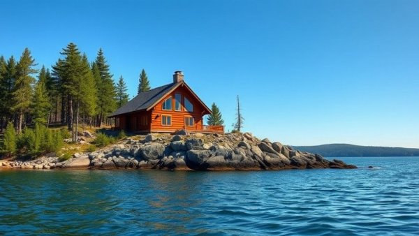 Majestic off-grid cabin on rocky coastline near lush forest.