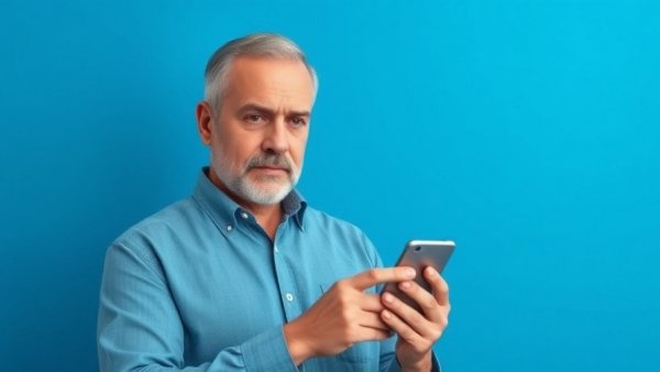 Middle-aged man using smartphone for AI customer communication.