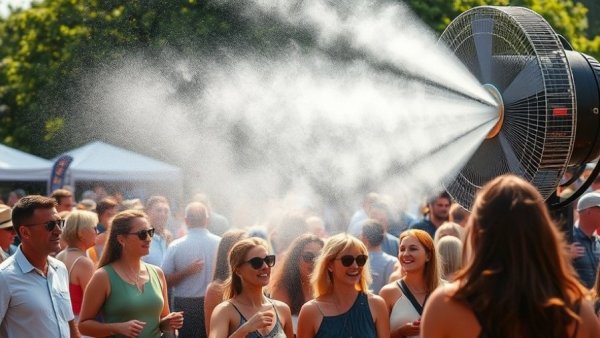 Outdoor event with people enjoying mist from a fan for smarter cooling tips.