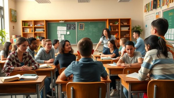 Classroom setting with students discussing beauty school scholarships.