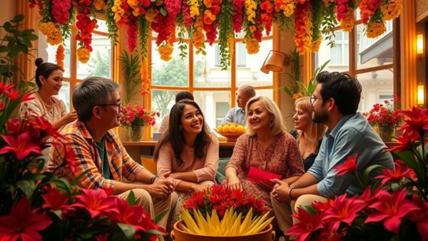 Vibrant group in floral decor setting, warm conversation atmosphere.