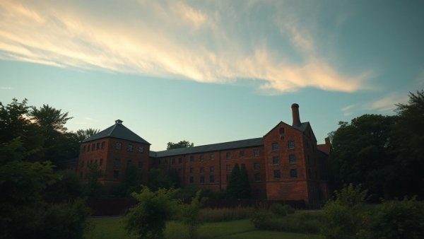 Historic Swedish textile factory with greenery and evening sky.