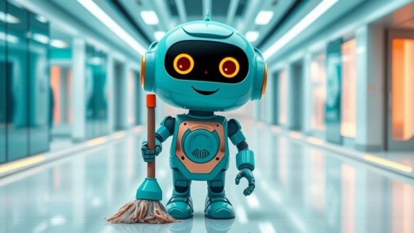 Teal humanoid robot cleaning a futuristic space in cartoon style.