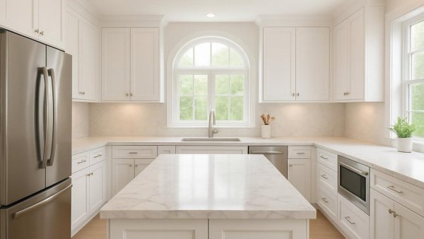 Bright and airy kitchen design with white cabinets and marble countertops.