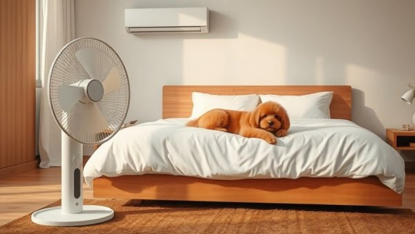 Bedroom cooling setup with fan and dog on bed