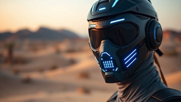Futuristic LED face mask in desert setting, ZAQ Noor 2.0