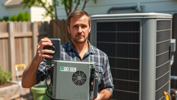 Houston air conditioning services expert demonstrating HVAC device.