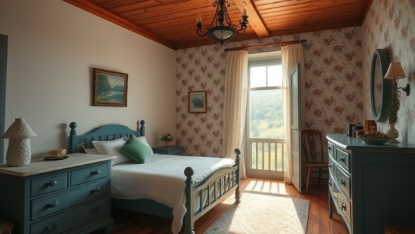 Rustic vacation house bedroom design with floral wallpaper and wooden accents.
