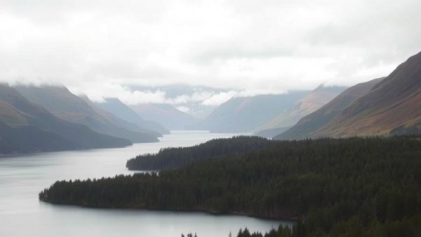 Foggy view over water in the Scottish Highlands with mountains.