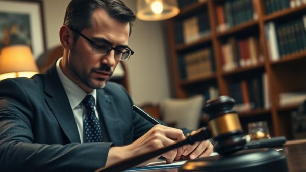 Professional writing with a gavel nearby in office