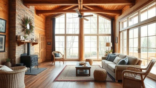 Rustic living room with natural light and wood decor.