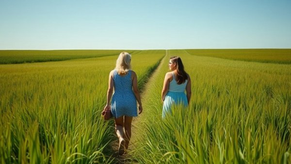 Women exploring a green field under the summer sun, June home trends 2026.