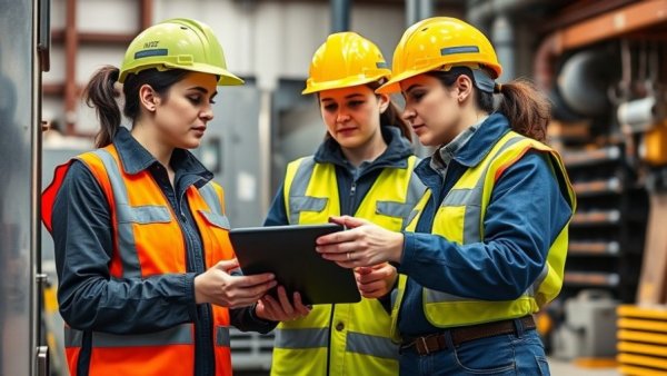 Women in HVACR discussing equipment in a workshop setting.
