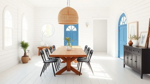 Bright dining room with minimalist design and painted wood floors.