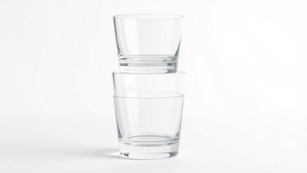 Set of clear stackable drinking glasses on white background