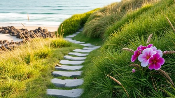 Charming coastal path to sand-free beach cottage with lush greenery