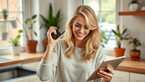 Woman in kitchen using phone and tablet, AI in HVAC Sales.