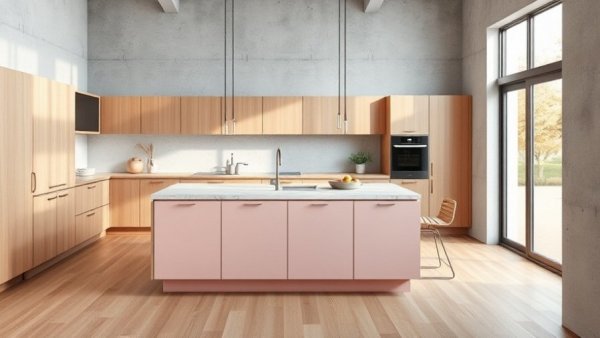Modern pale pink and oak kitchen design with minimalist decor.