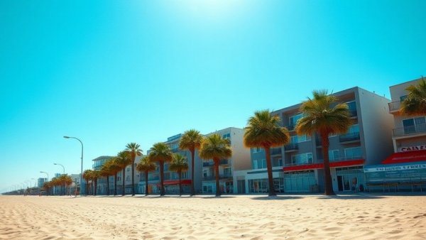 California Latin Flavors in Venice Beach: Serene beach view with palm trees.