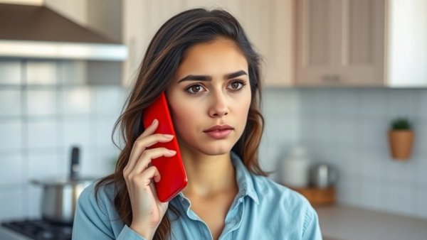 Concerned woman in kitchen on phone discussing AI recommendations for HVAC business.