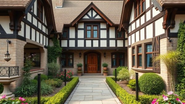 Tudor Revival remodel with picturesque garden and stone walkway.