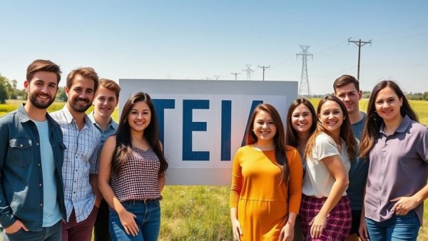 Group of young adults in front of training center sign for free heat pump training.