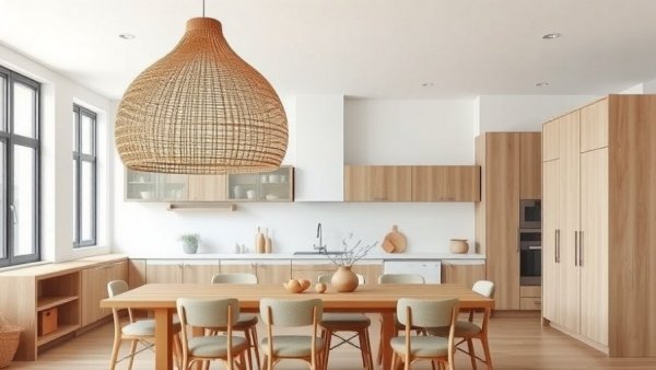 Woven Pendant Lights accent modern kitchen dining area.