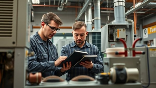 Technicians learning HVAC repair to address HVAC labor shortages in a workshop.