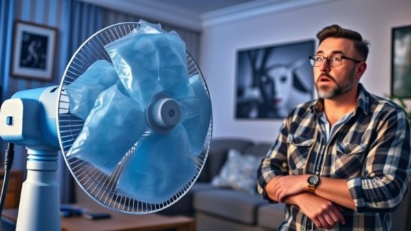 DIY fan air conditioner with ice bags in a room.