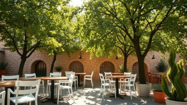 Serene outdoor cafe setting with white furniture under trees.
