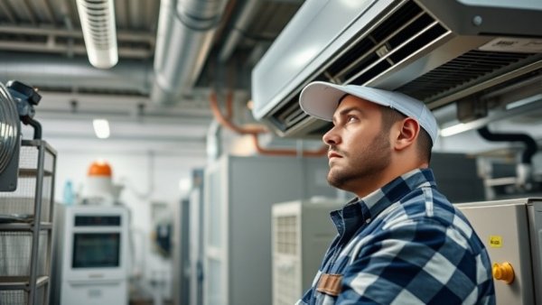Professional evaluating HVAC systems in industrial setting amid natural gas appliance debate.