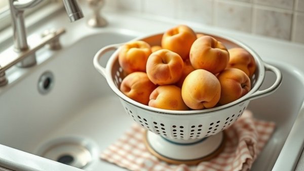 Vintage colander with peaches in a farmhouse sink, unplugged summer kitchen essentials.
