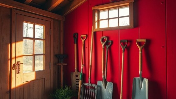 Garden shed in New Zealand with organized tools on red wall