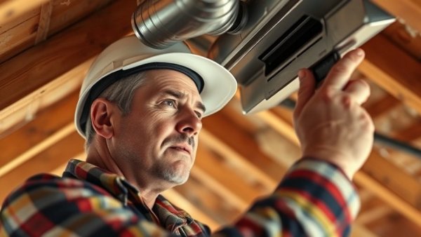Construction worker inspecting HVAC ductwork in attic