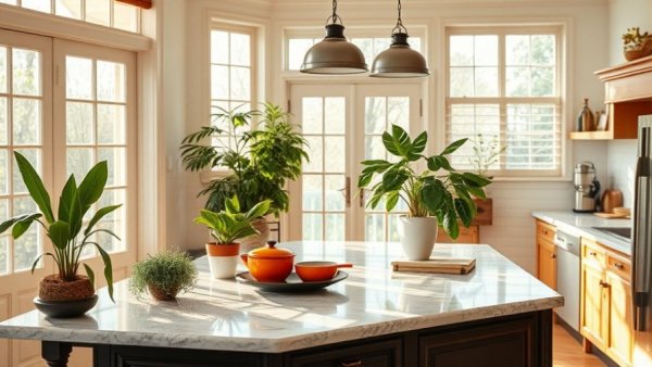 Cozy sunlit kitchen with plants and an island, Leanne Kilroy design inspirations.