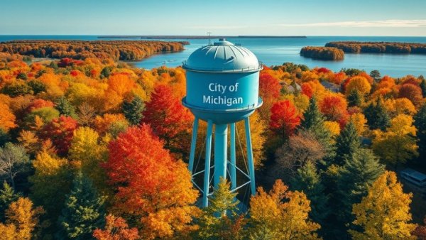 Aerial view of Cadillac Michigan water tower with autumn colors.
