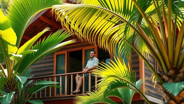 Off-the-Grid Living in a rustic wooden house amid lush, tropical nature.