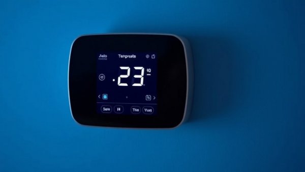 Modern Sofia AI thermostat on blue wall, temperature display.