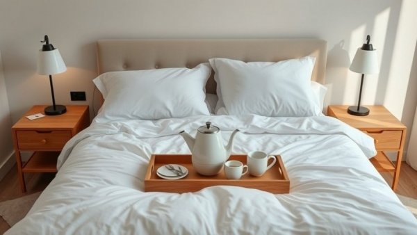 Effortless home design in minimalist bedroom with white bedding.