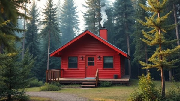 Red cabin in forest for digital detox getaways
