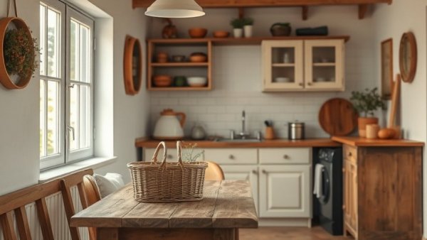Cozy rustic kitchen corner with vintage cabinetry.