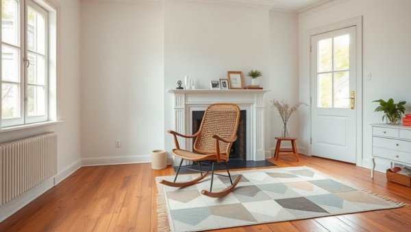 Cane-back rocker in a bright, minimalist bedroom with a fireplace.