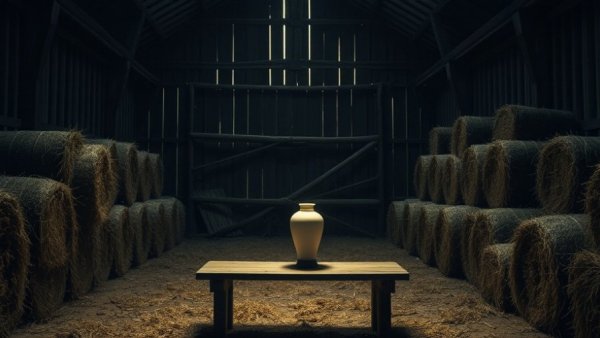 Porcelain lighting designs in rustic barn setting with hay bales.