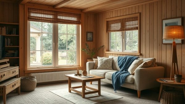 Cozy Danish summerhouse living room with minimalist wood design