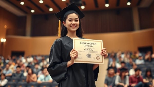 Houston Skilled Trades Graduates ceremony with woman holding certificate.